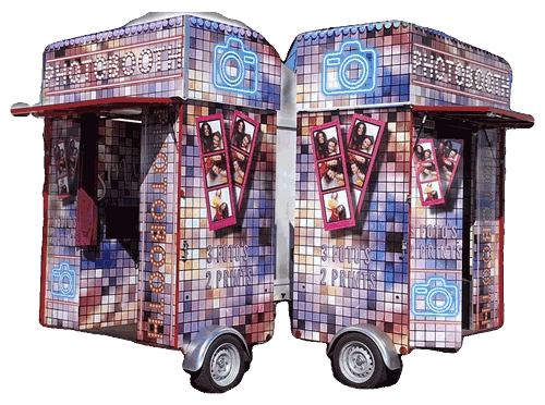 Dubbele photobooth-trailer met twee cabines rug aan rug